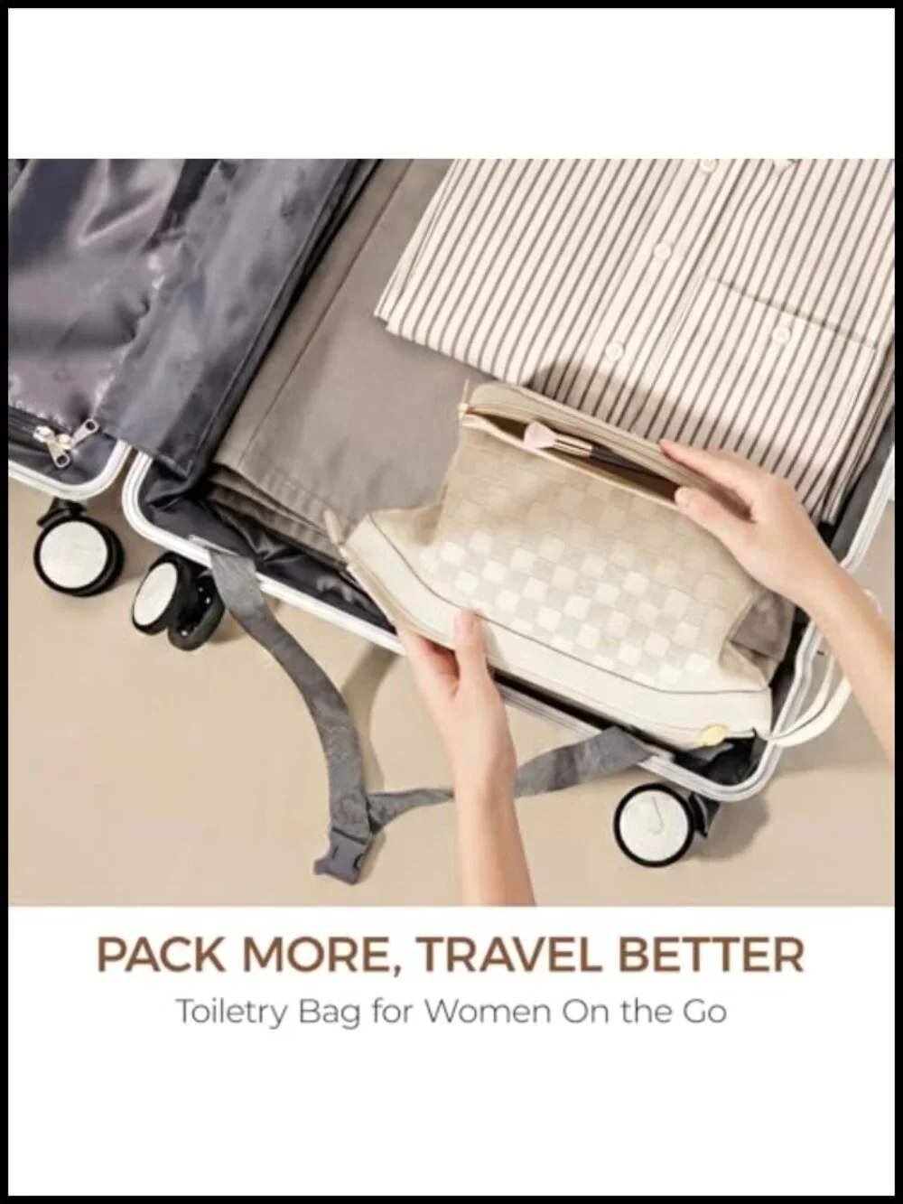 Double Layer Travel Makeup Bag with Brush Compartment, Waterproof PU Leather